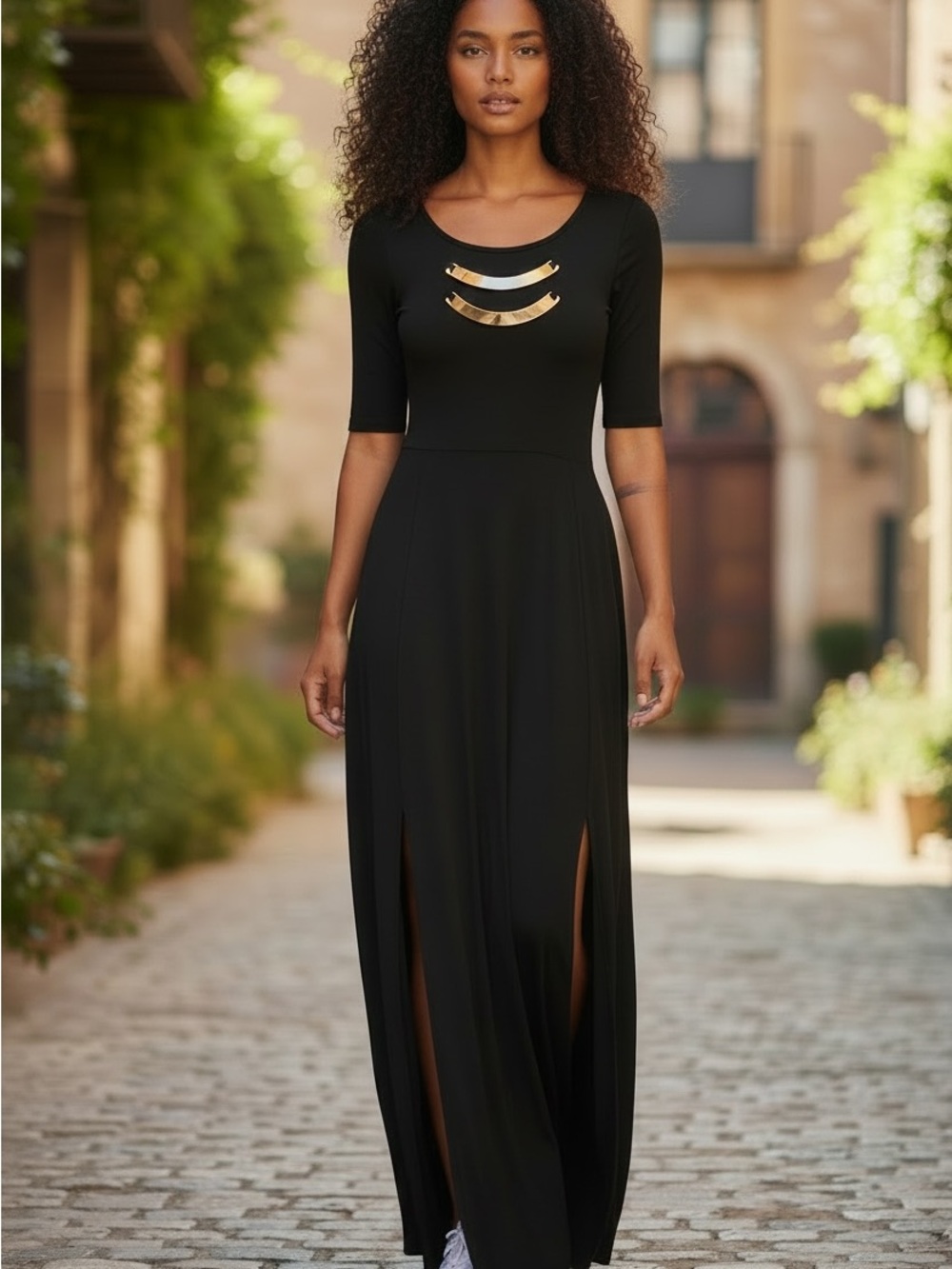 French Connection Black Maxi Dress with Gold Detail